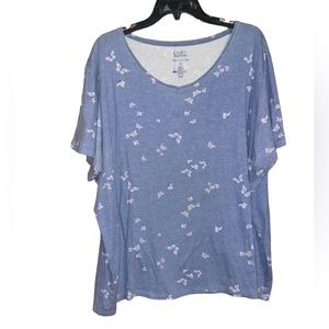 •CROFT & BARROW•BLUE BUTTERFLY V NECK RELAXED FIT CLASSIC SHORT SLEEVE TEE 3X